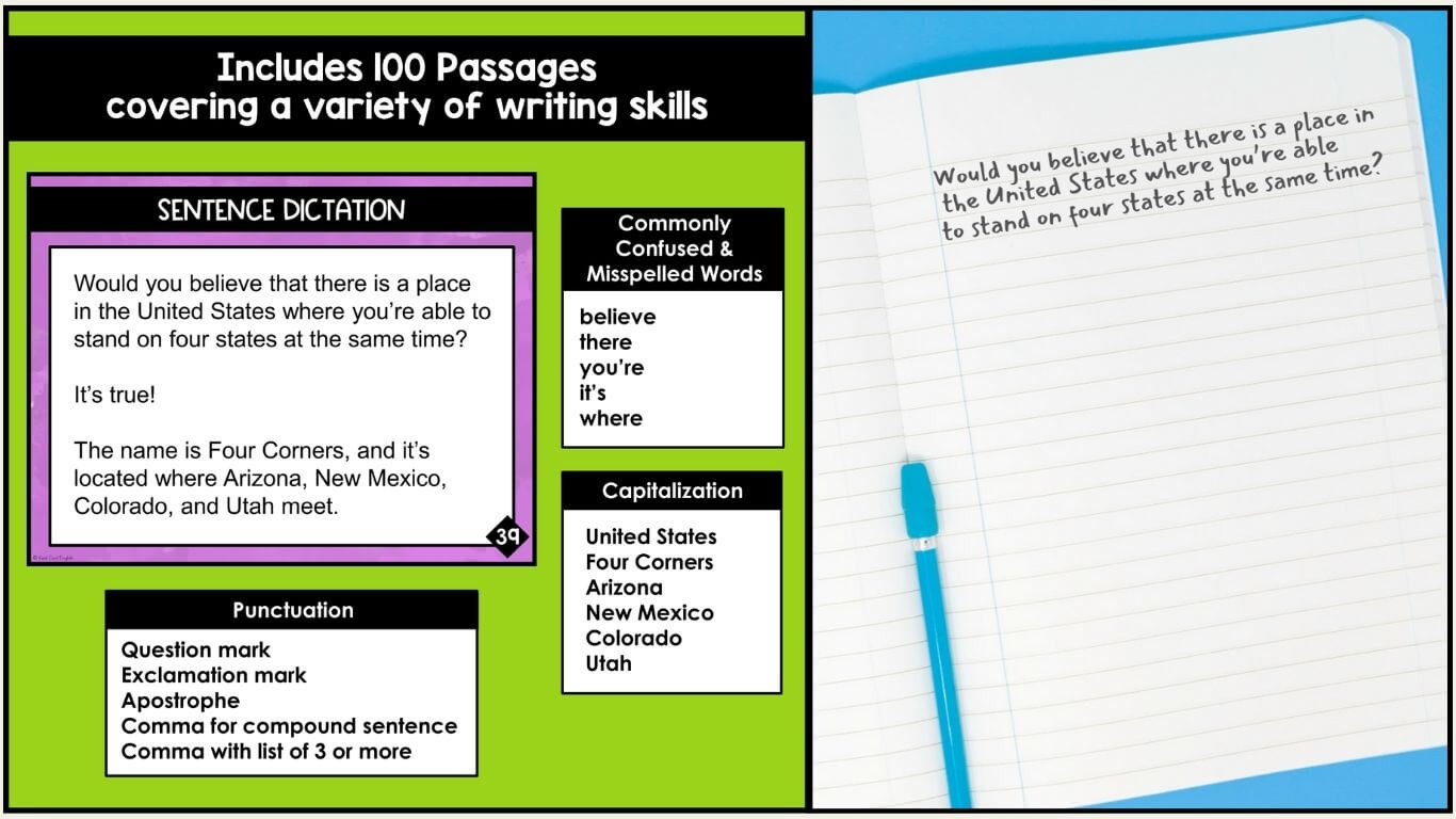 Close up of Sentence Dictation activity with commonly confused and misspelled words and examples of capitalization and punctuation rules.